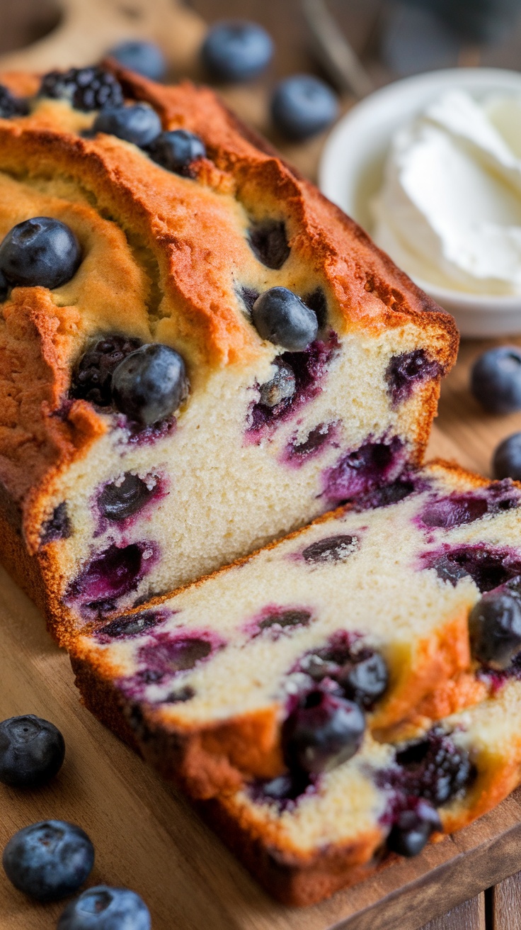 Blueberry Cream Cheese Bread on a wooden board, sliced revealing moist interior with fresh blueberries.